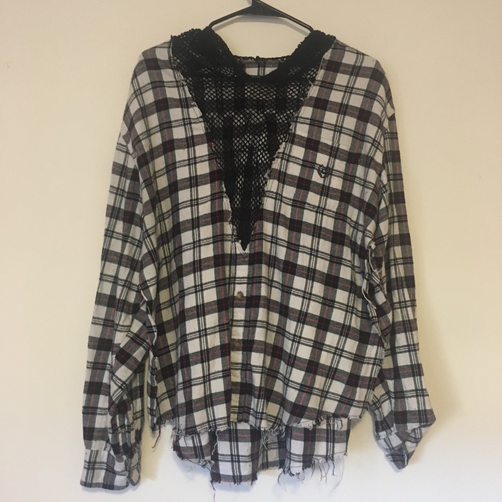 LF plaid slit hoodie with mesh hood